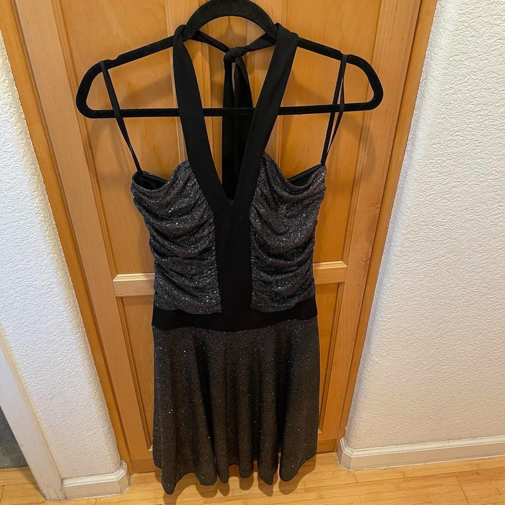 Black and Silver Glitter Sparkles Y2K Halter Dress